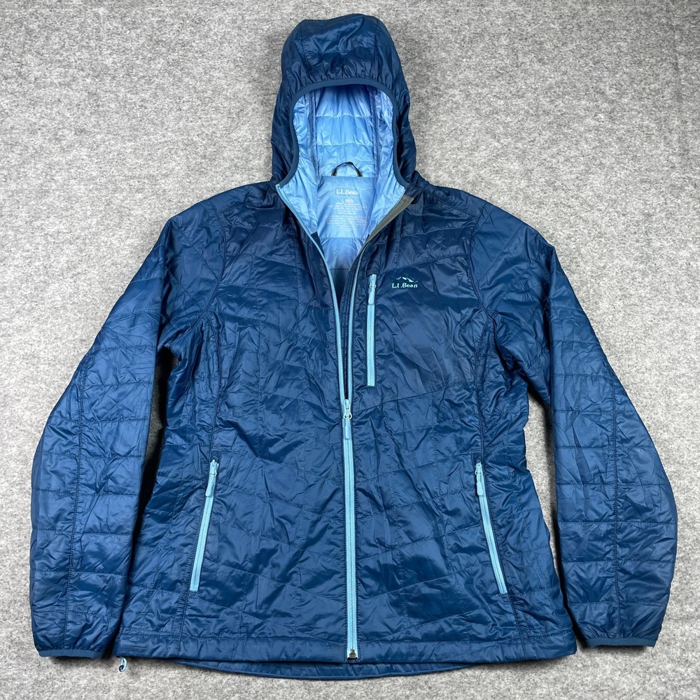 LL Bean Puffer Jacket Womens L Blue PrimaLoft Packaway Hooded Full Zip Light